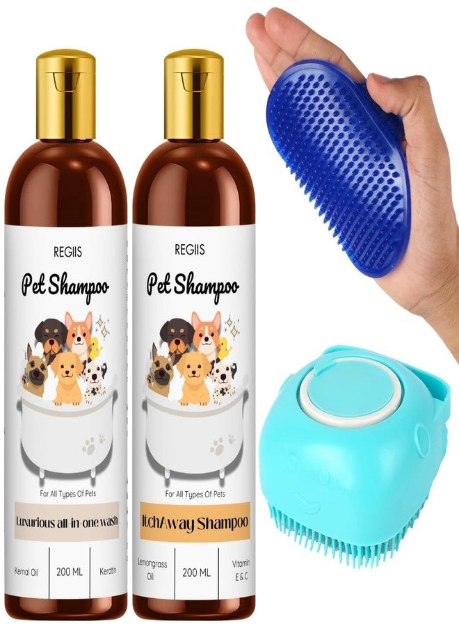 مجموعة شامبو ريجيس للحيوانات الأليفة مع فرشاة تنظيف، غسول فاخر شامل، تركيبة مضادة للحكة، 200 مل، عبوتان مع فرشاة تدليك سيليكون زرقاء (عبوة من 4 قطع) - Image 1